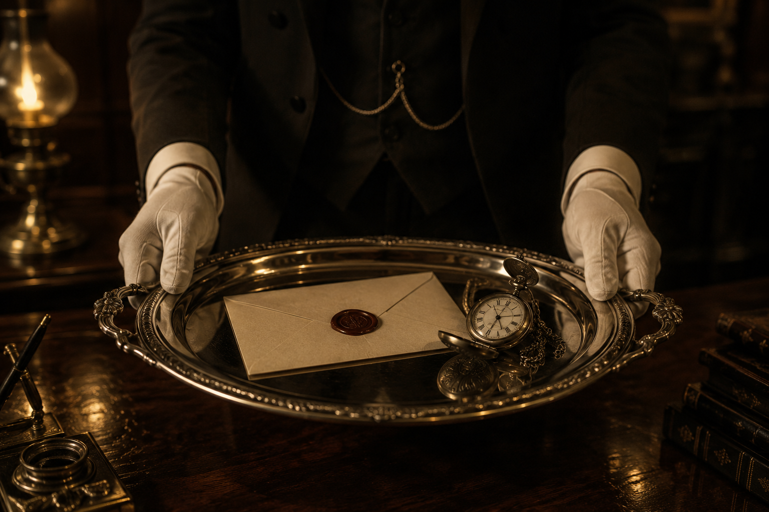 A silver tray with sealed letter and pocket watch